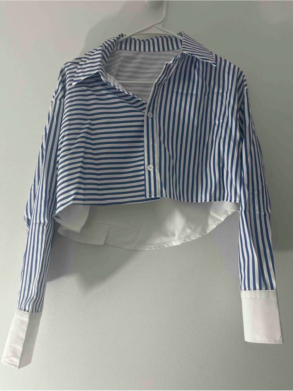 Blue & White Striped Cropped Button-Down Shirt